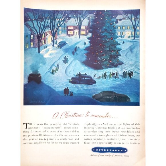 PRINT AD Studebaker 1945 Yuletide Sentiment Christmas Tree Town Scene Peace - Picture 1 of 1